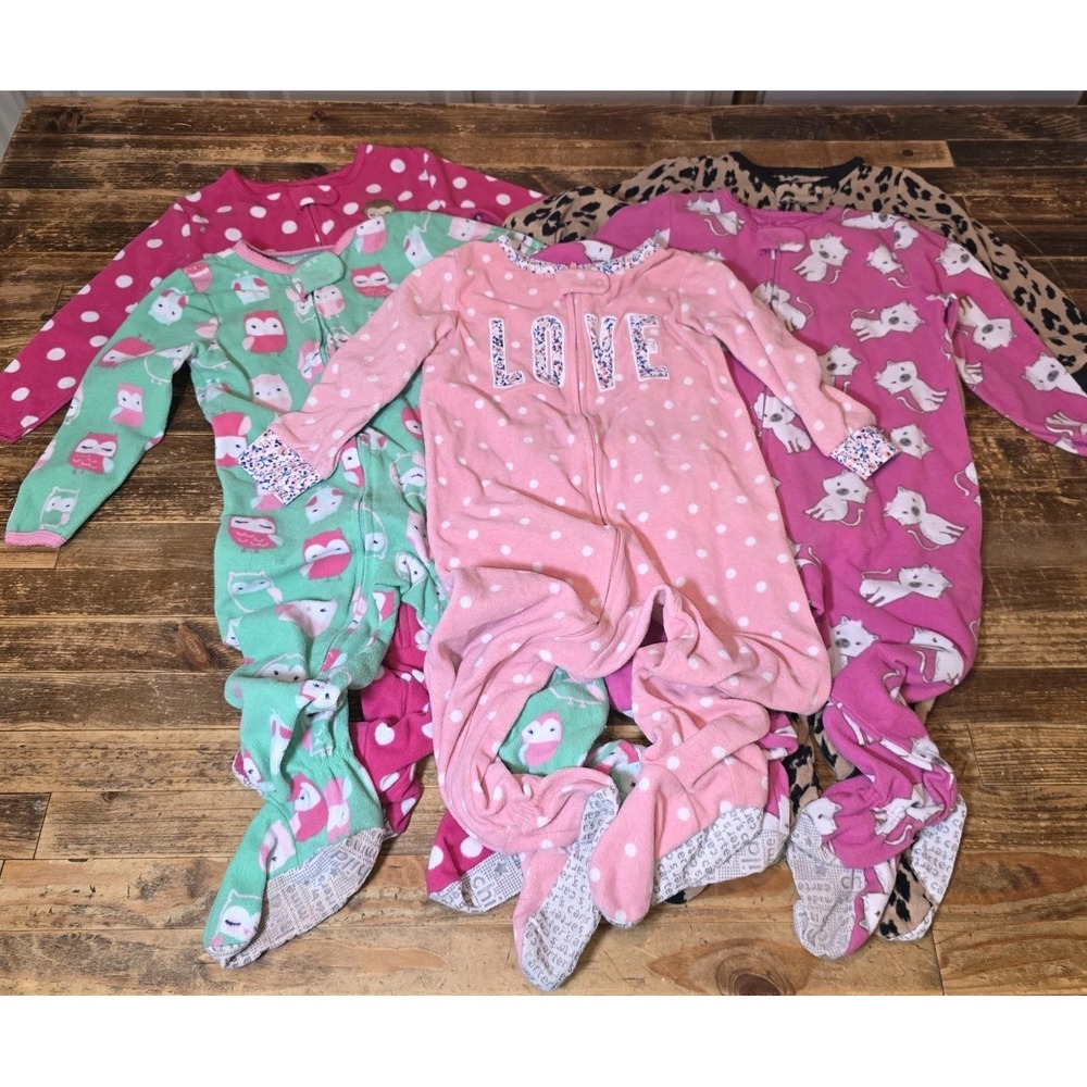 Baby Girl Bundle Sz 24 mo Fuzzy Footed Zip Up One Piece Sleeper Pajama Lot Of 5